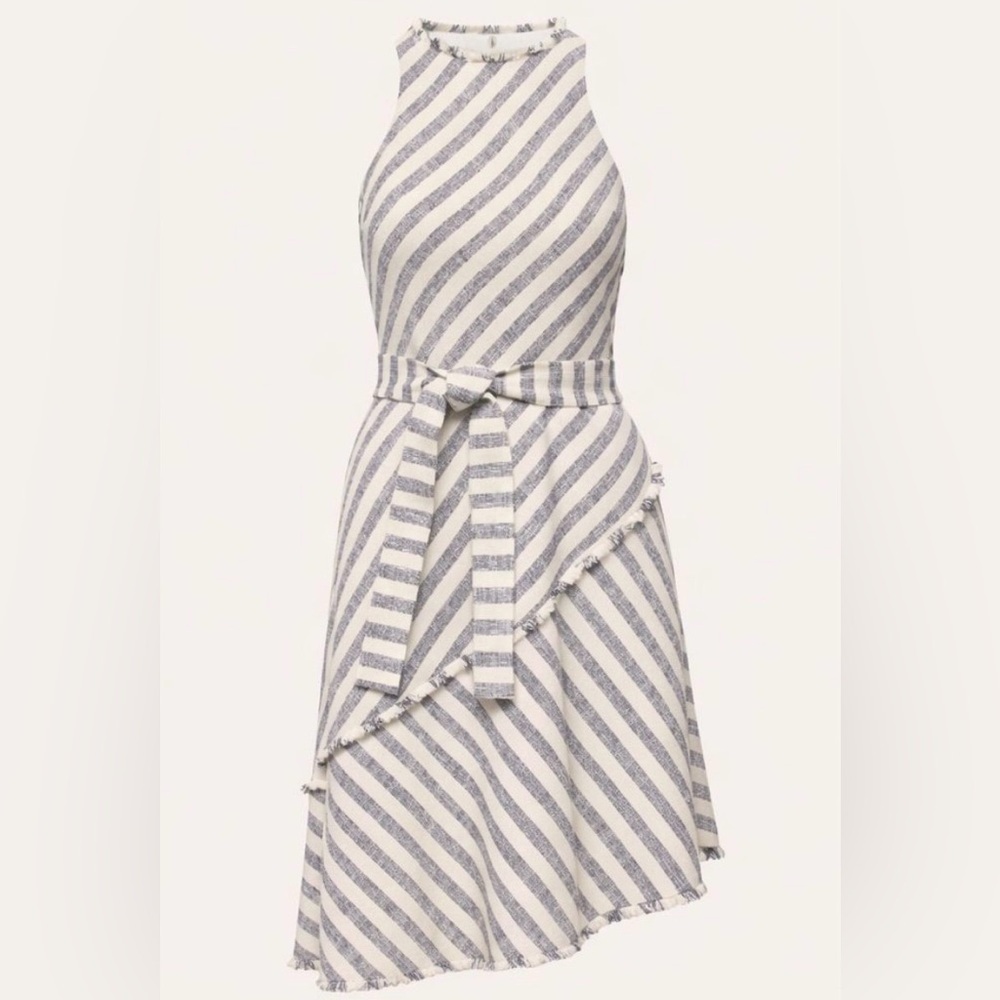 Banana Republic Striped Tweed Belted Dress Size 10 Navy Cream Fringe Midi